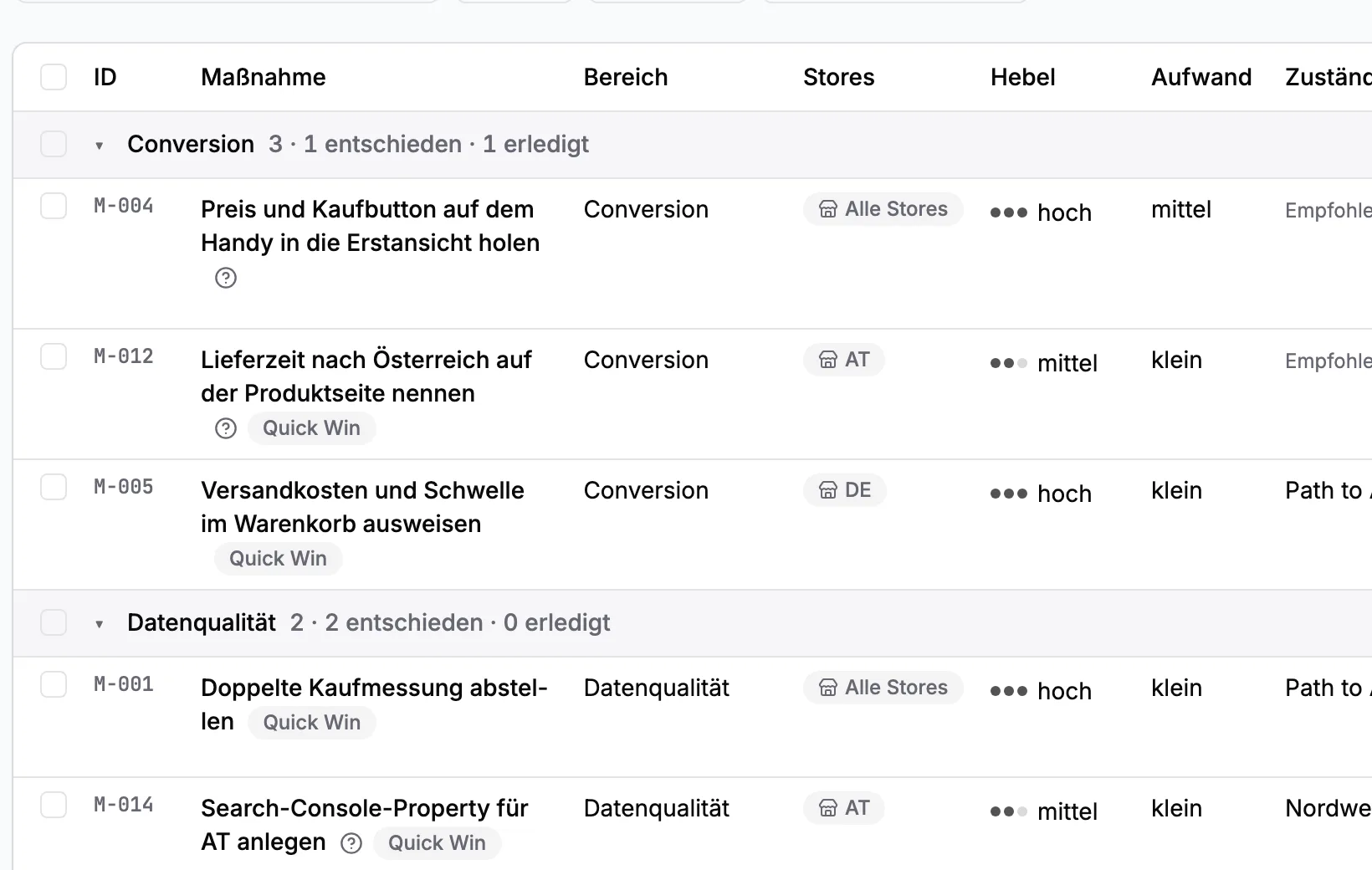 Die Maßnahmenliste nach Bereich gruppiert: Conversion, Datenqualität und weitere
