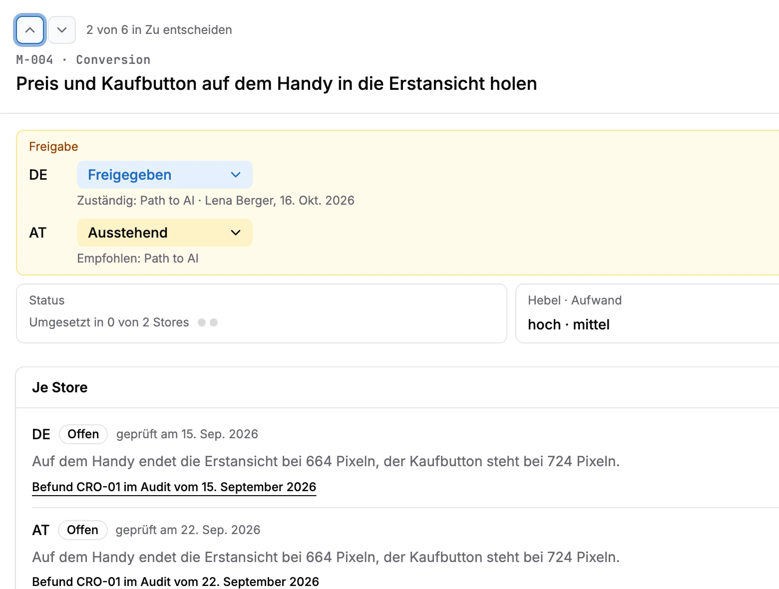 Eine Maßnahme im Detail: Freigabe je Store, Hebel und Aufwand, Befund je Store mit Link zum Audit, Vorhaben und erwartete Wirkung