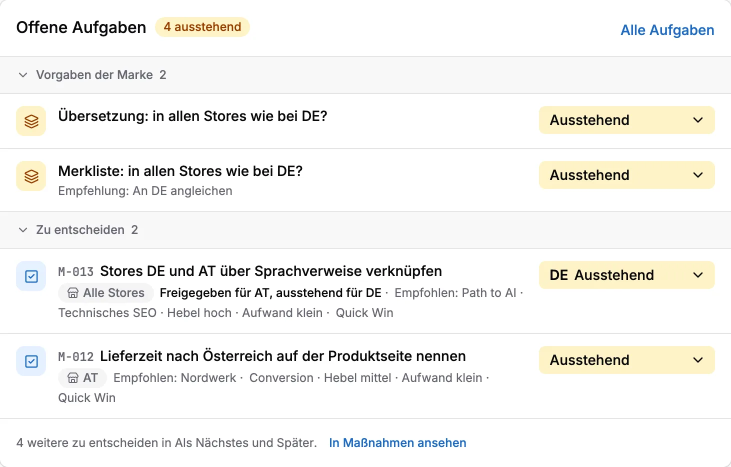 Die Karte Offene Aufgaben mit Vorgaben der Marke und Maßnahmen, die auf eine Entscheidung warten