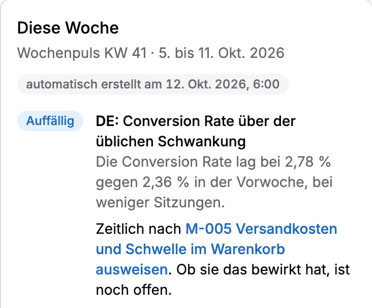 Eine Meldung aus Diese Woche: Conversion Rate im Store DE über der üblichen Schwankung