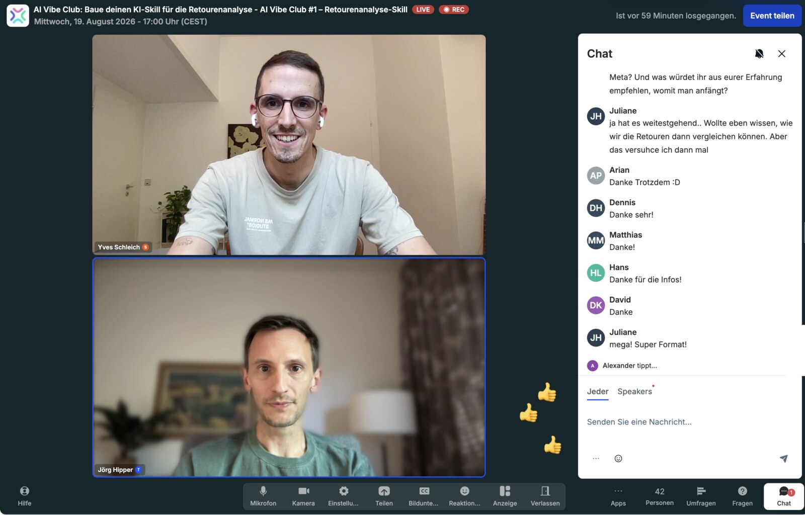 Livestream der ersten AI-Vibe-Club-Ausgabe: oben Yves Schleich, darunter Jörg Hipper von Xentral, rechts der Chat der Teilnehmenden